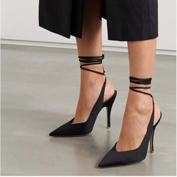 FSJ Black Strappy Ankle Strap Lace up Pointed Toe Stylish Stiletto Sandals - Picture 1 of 8